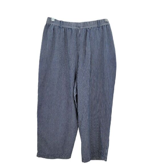 Vtg Petite Blue White Engineer Striped High Waisted Crop Pants PS Elastic Waist - Picture 2 of 9